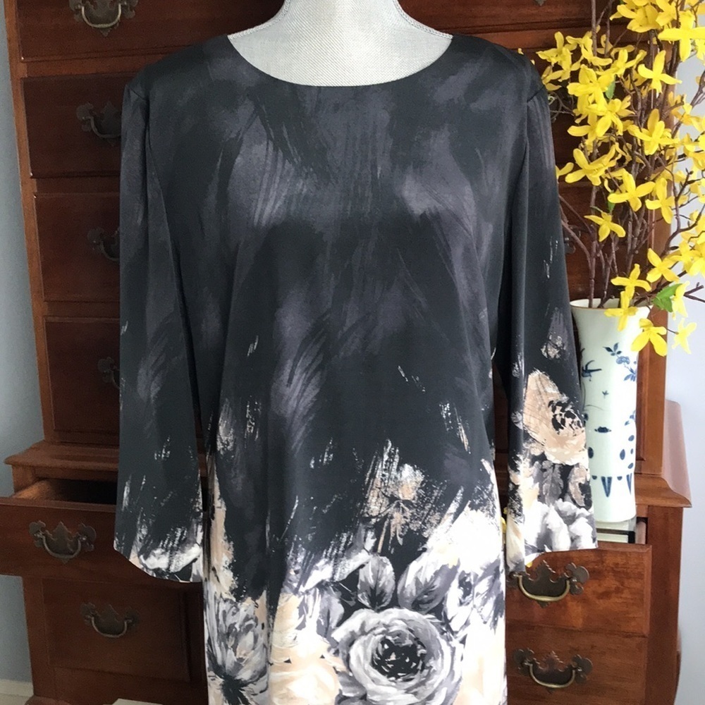 St. John Collection Floral Silk Dress Black Cream Golden Size 12